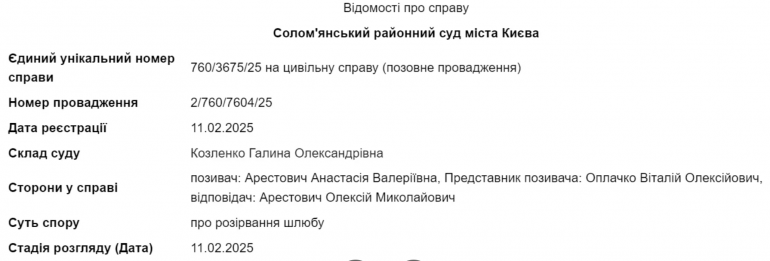 Дружина Арестовича подала на розлучення