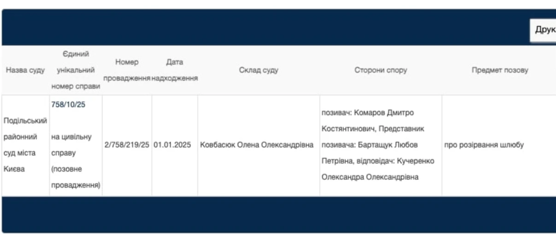 Згідно з даними в Єдиному держреєстрі судових рішень, справа про розлучення була зареєстрована 1 січня 2025 року і перебуває на розгляді Подільського районного суду Києва. Ініціатором розлучення став Дмитро Комаров